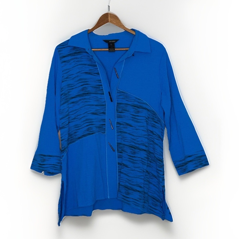 Ali Miles Gauzy Blue Tiger Print Tunic Top M Artsy‎ Lagenlook Career Art To Wear - Picture 2 of 6